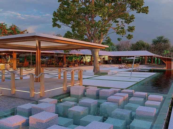 Perspectiva do lounge junto à piscina e aos pilares de MLC da Casa Vitor em Governador Mangabeira