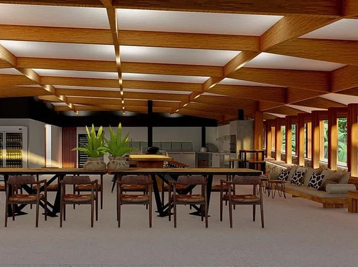 Perspectiva da sala de jantar sob vigas em MLC da Casa Vitor em Governador Mangabeira